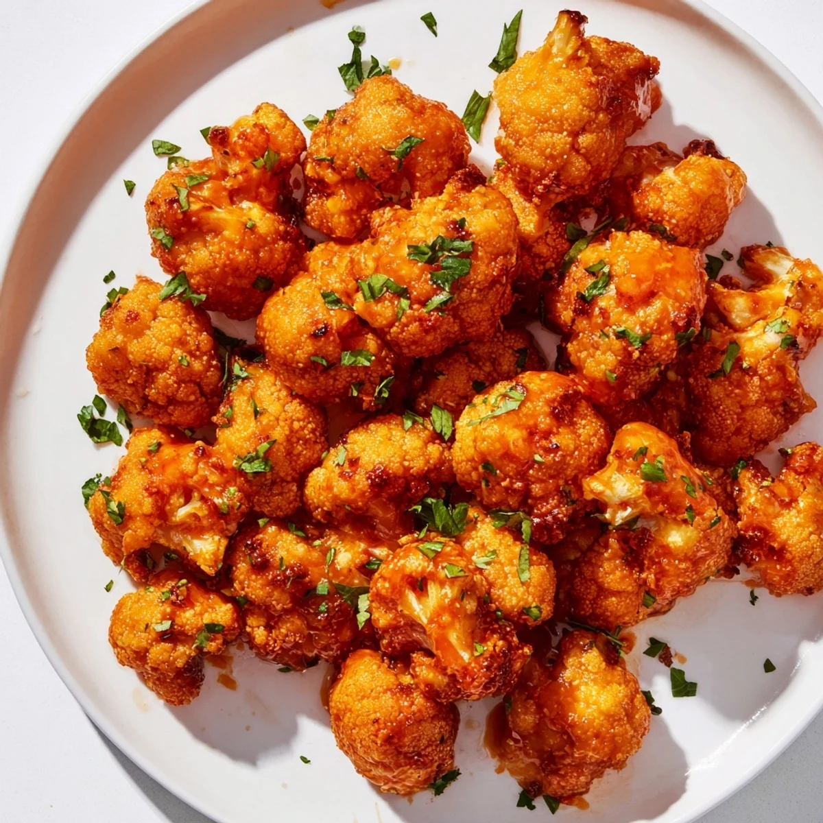 A plate of vibrant Sriracha-Buffalo Cauliflower Bites with a perfectly cooked, caramelized exterior for serving.