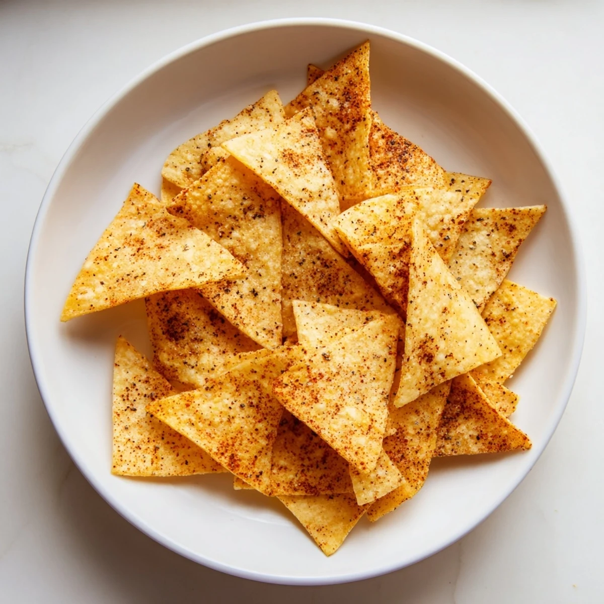 Golden and crispy air-fryer tortilla chips, seasoned and ready for dipping, a perfect snack.