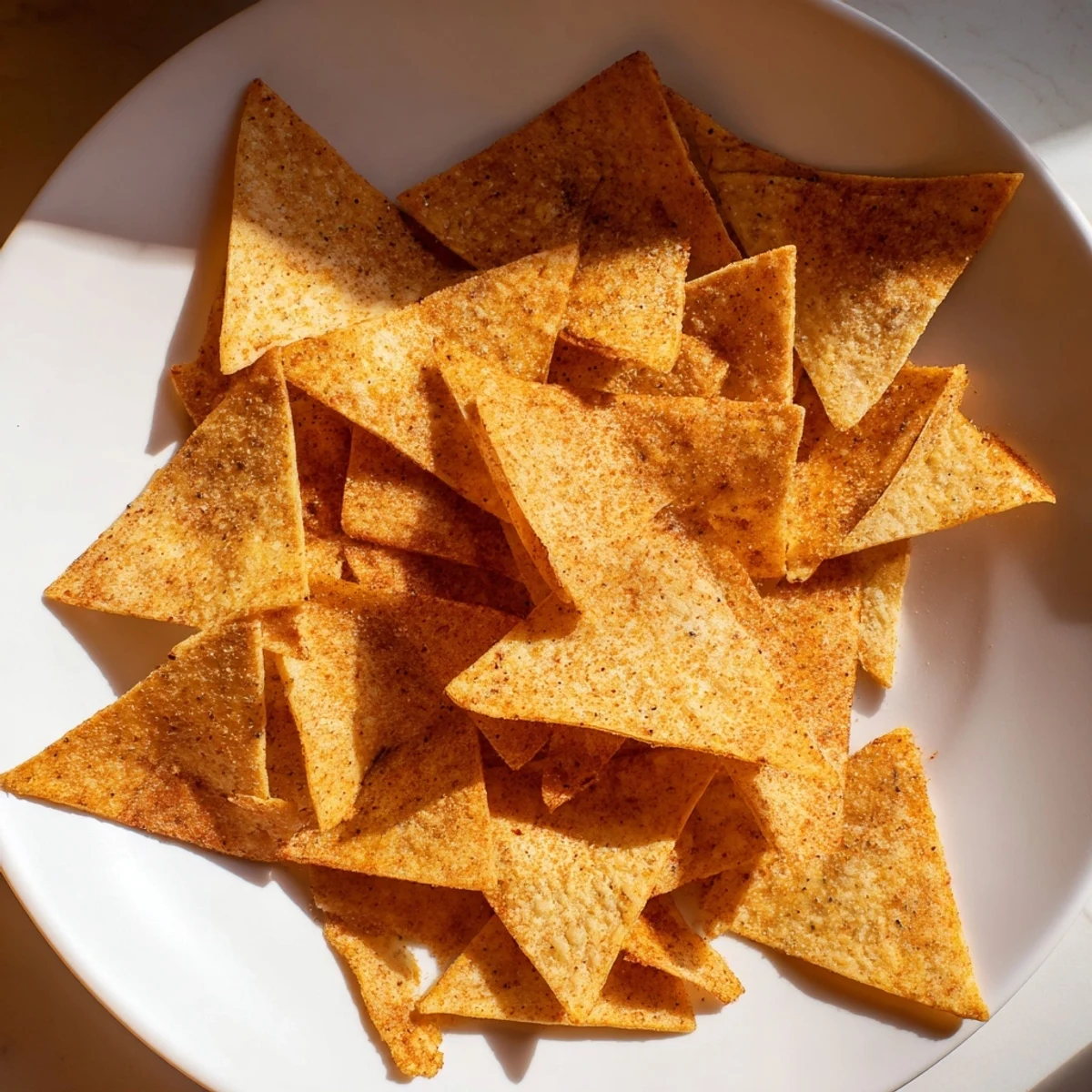 Shimmering, oil-kissed air-fryer tortilla chips, fresh from the air fryer, ideal with salsa.
