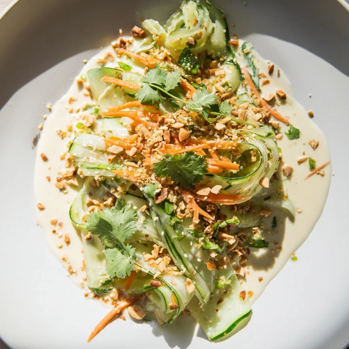Vibrant Thai-Style Peanut Cucumber Salad, with crunchy cucumbers and creamy peanut dressing, ready to eat.