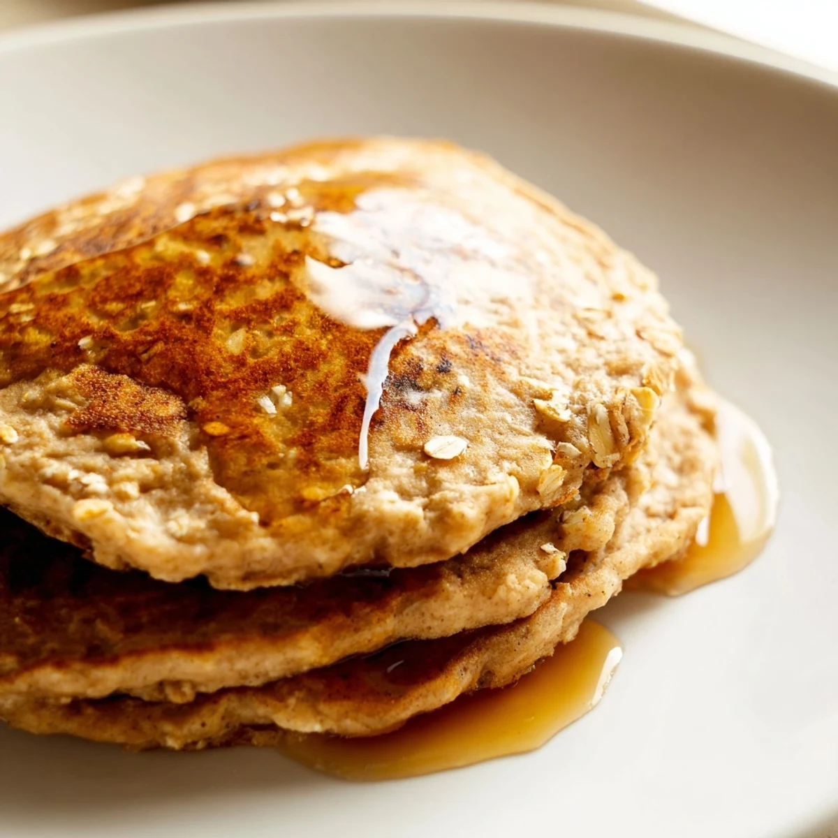 Golden banana oat pancakes stacked high, ready to be drizzled with maple syrup for breakfast.