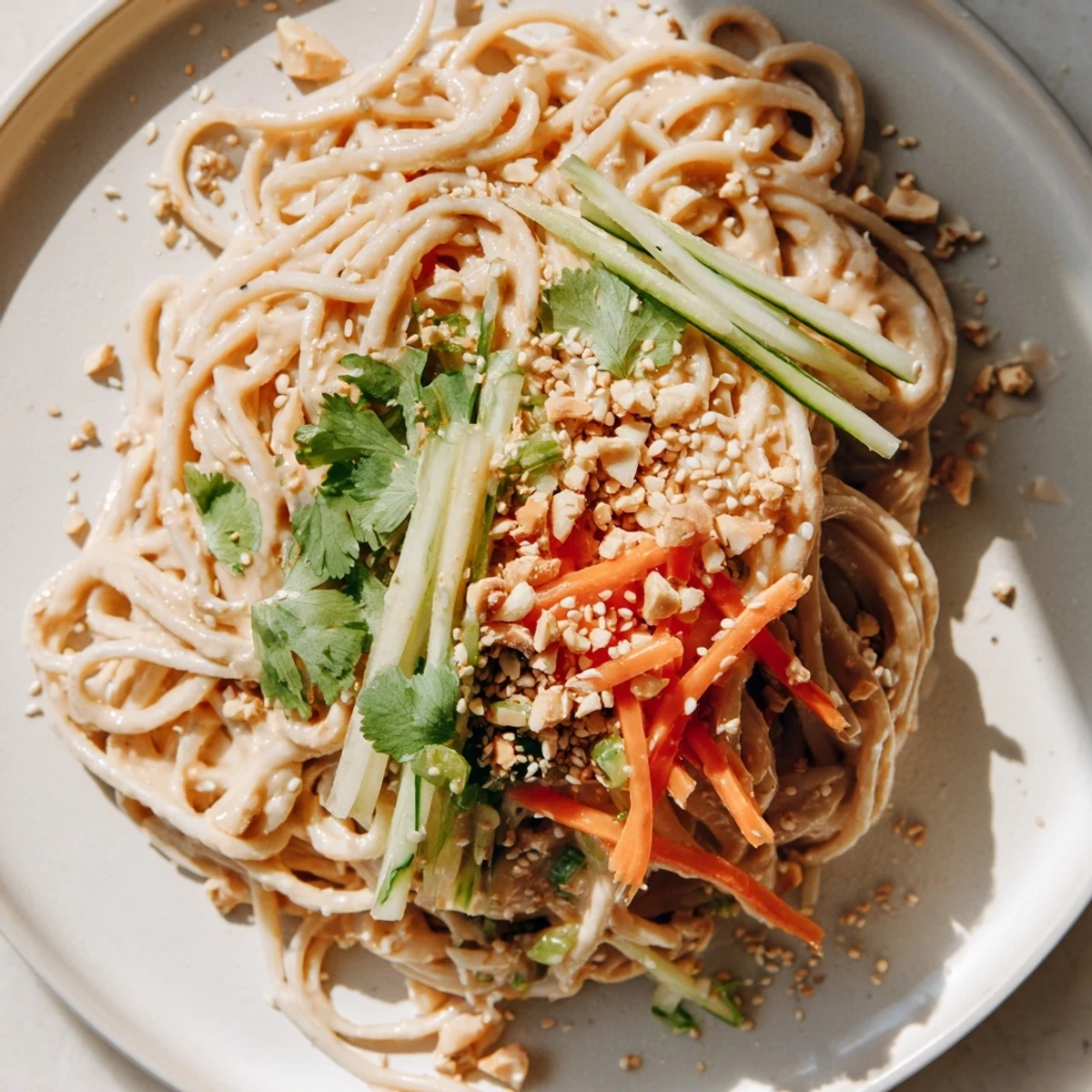 Steaming hot cold sesame noodles, beautifully arranged with colorful veggies and a creamy sauce.