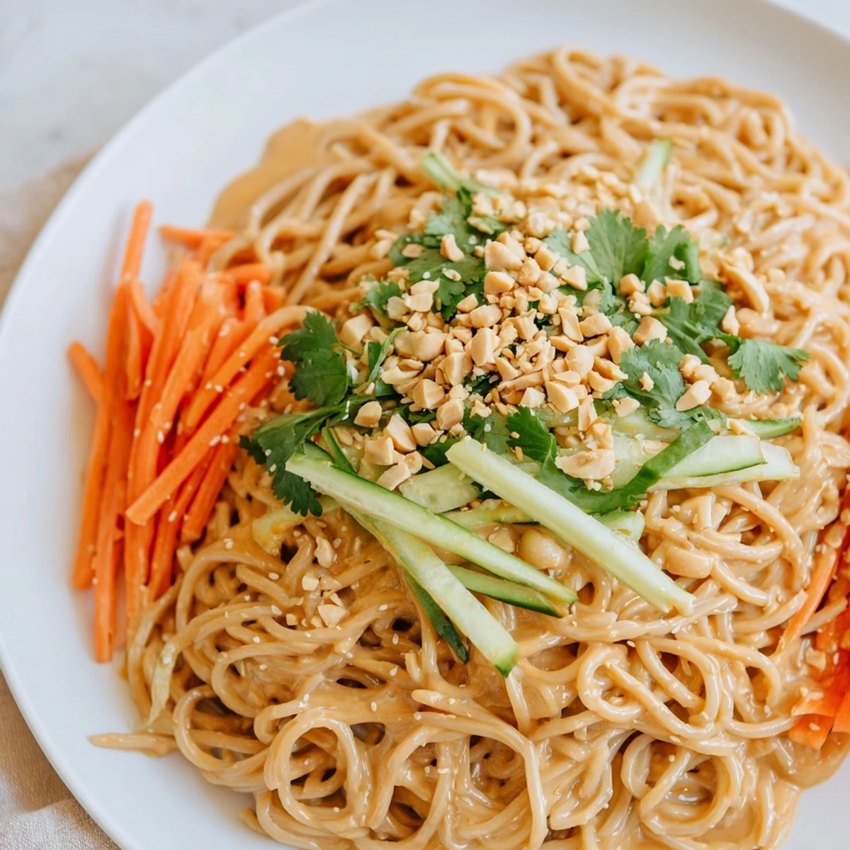 Close-up shot: Slurpy cold sesame noodles glistening with sesame sauce, a perfect summer meal.