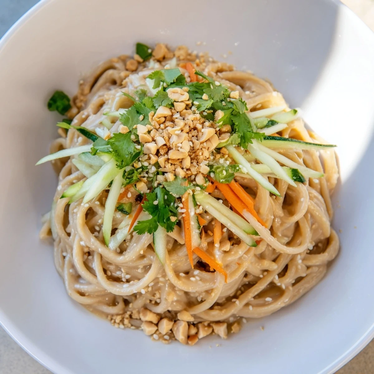 A chilled bowl of cold sesame noodles with vibrant carrots, cucumber, and fresh cilantro, ready to eat.