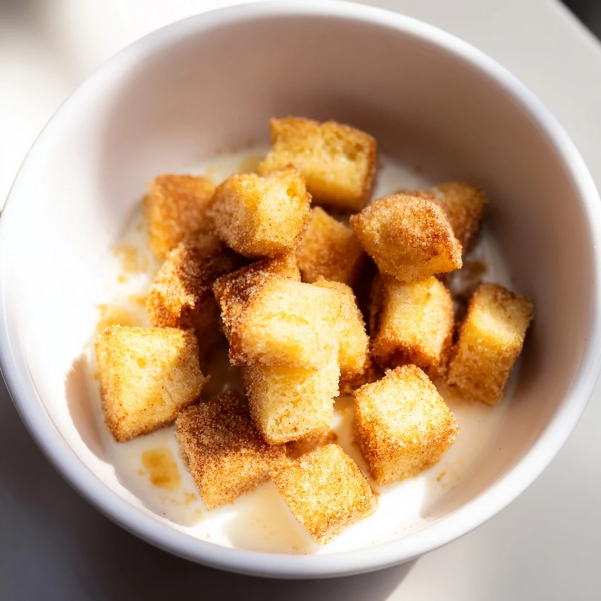 Small, golden brown French toast cereal pieces, ready to be enjoyed with a drizzle of maple syrup.