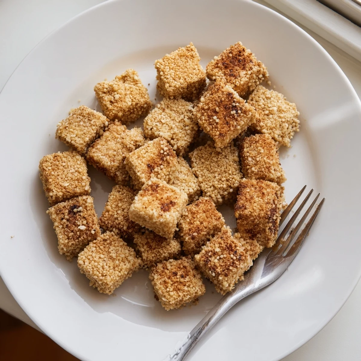 These plant-based Crispy Tofu Nuggets appear perfectly fried, promising a delightful, savory snacking experience.