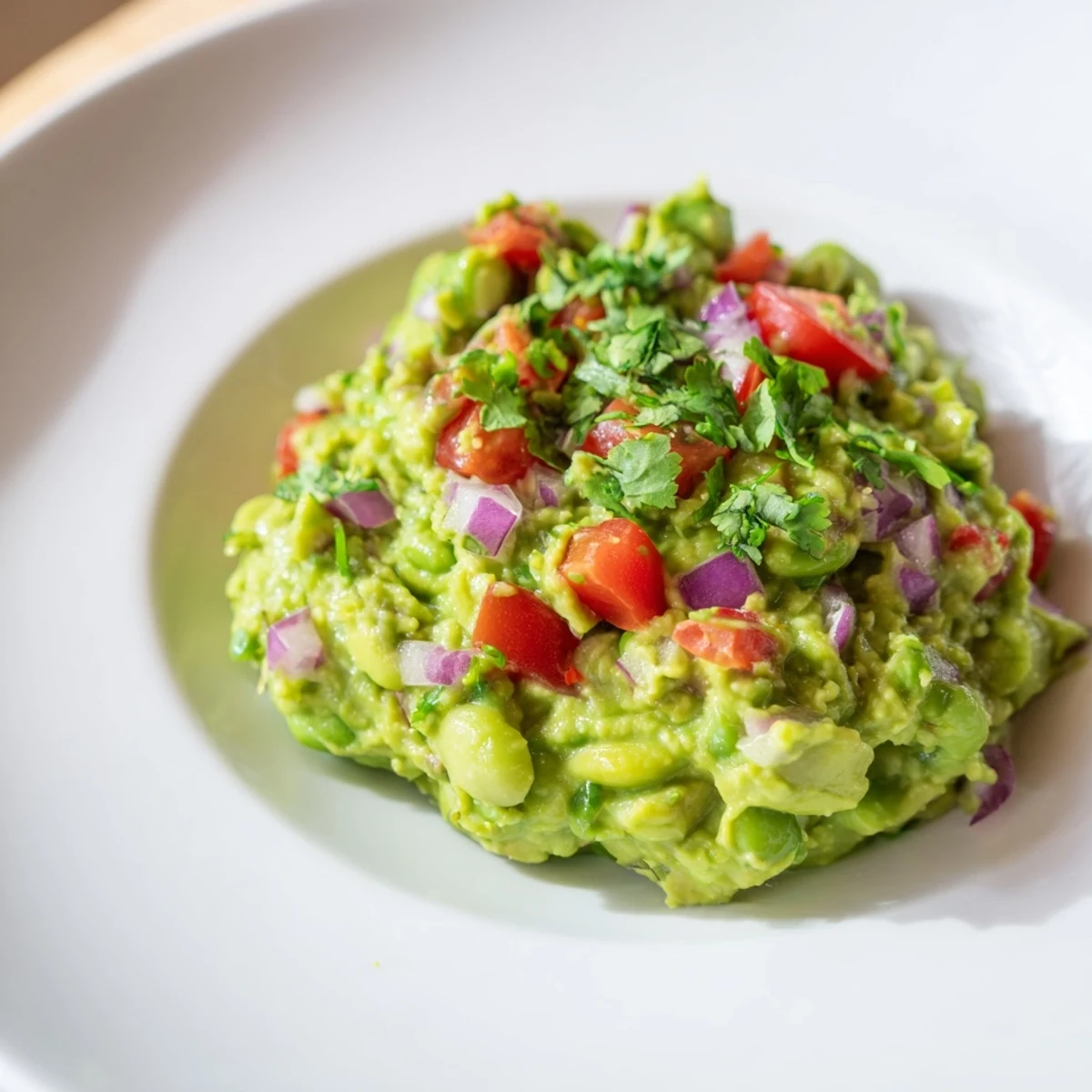 Creamy Edamame Guacamole, with a scoop ready to enjoy, vibrant green and textured.