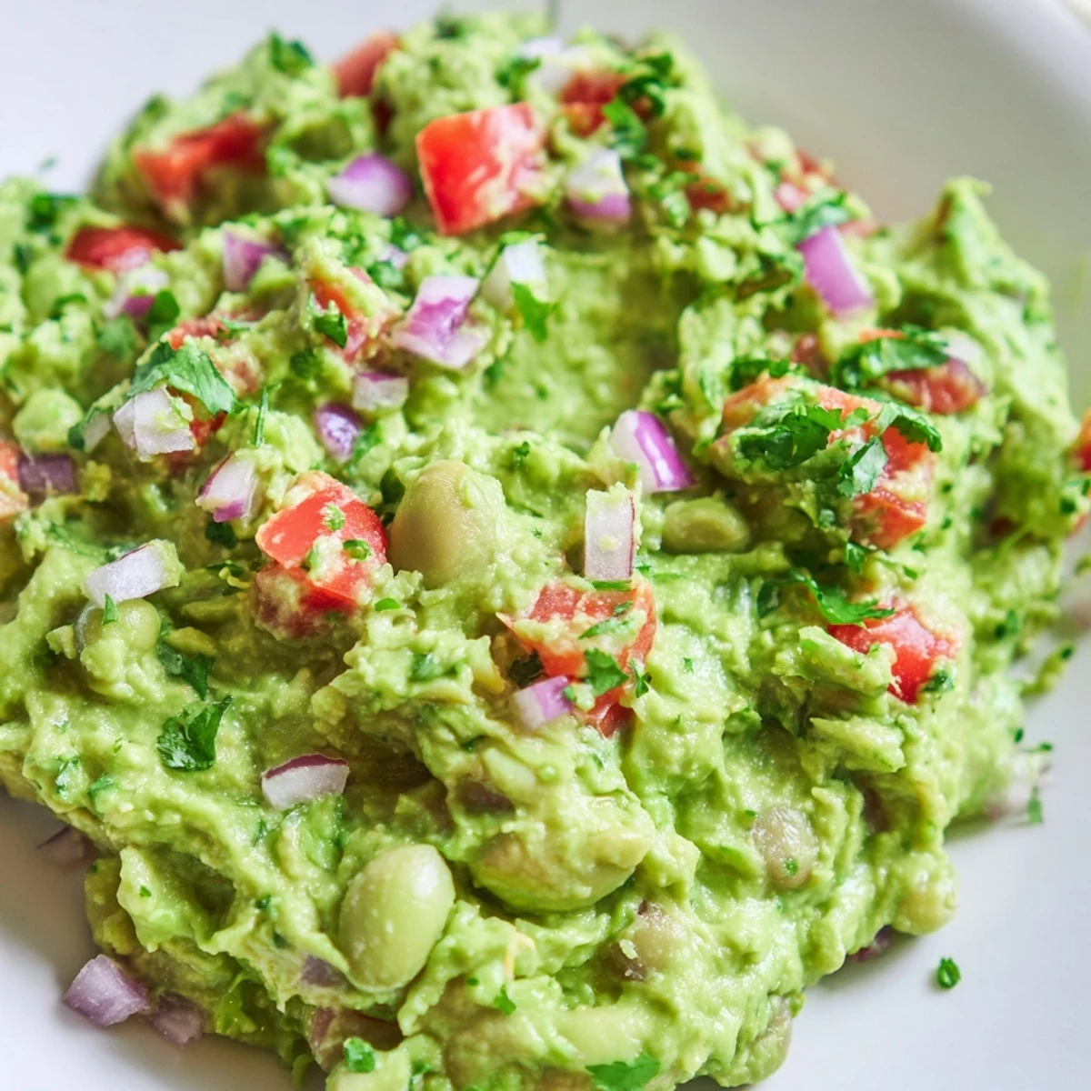 Fresh Edamame Guacamole, a close-up shows the blend of ingredients, perfect for dipping.