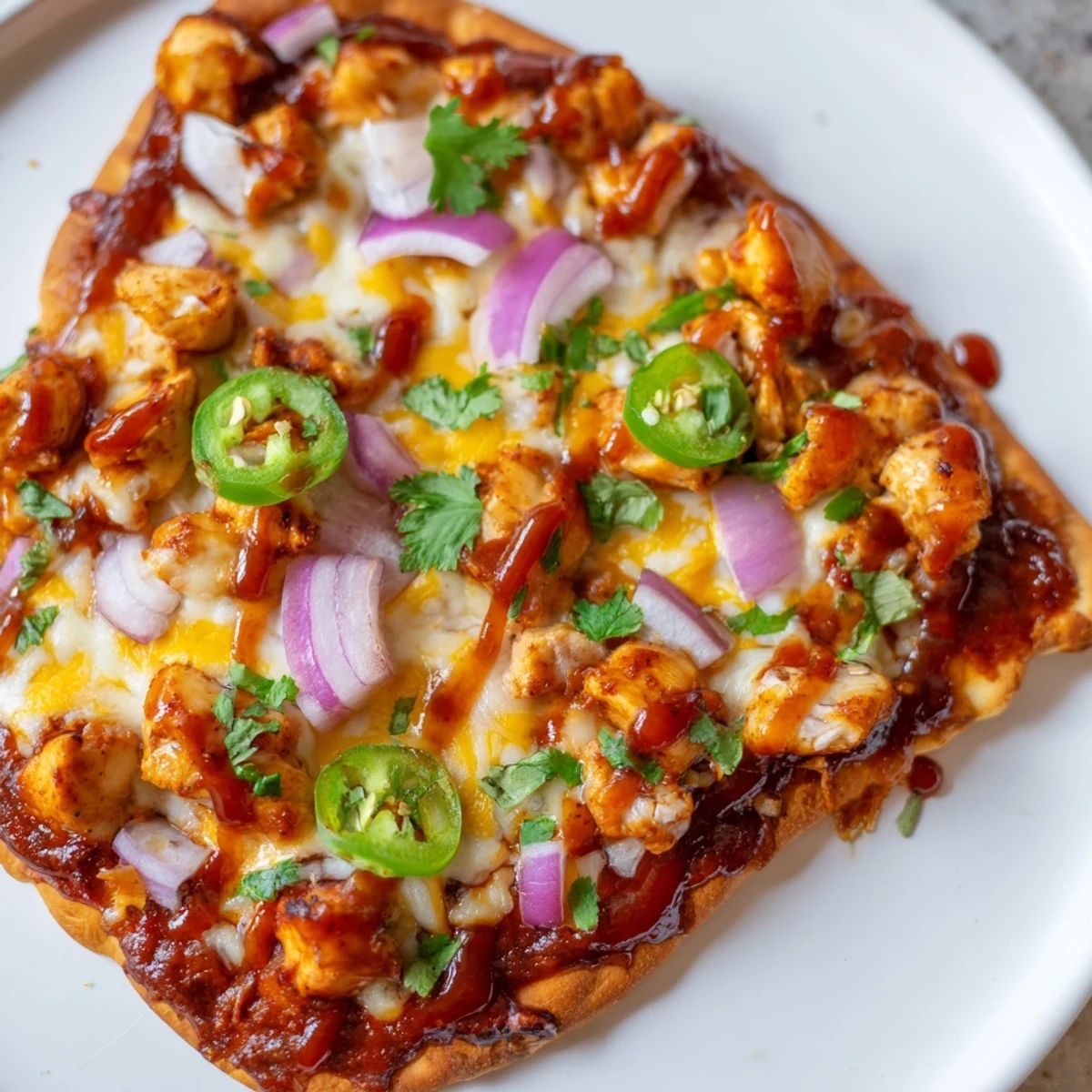 BBQ Chicken Flatbread, a bubbling, cheesy flatbread with vibrant red onion and fresh cilantro.