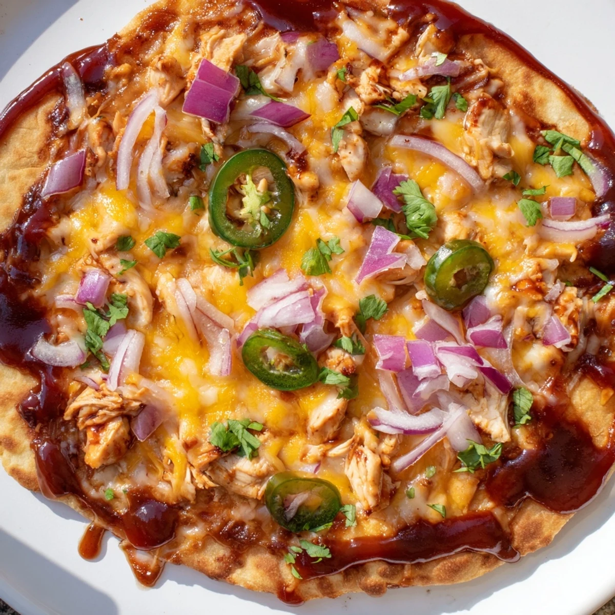 This close-up shows the delicious BBQ Chicken Flatbread, perfect for a casual weeknight meal.