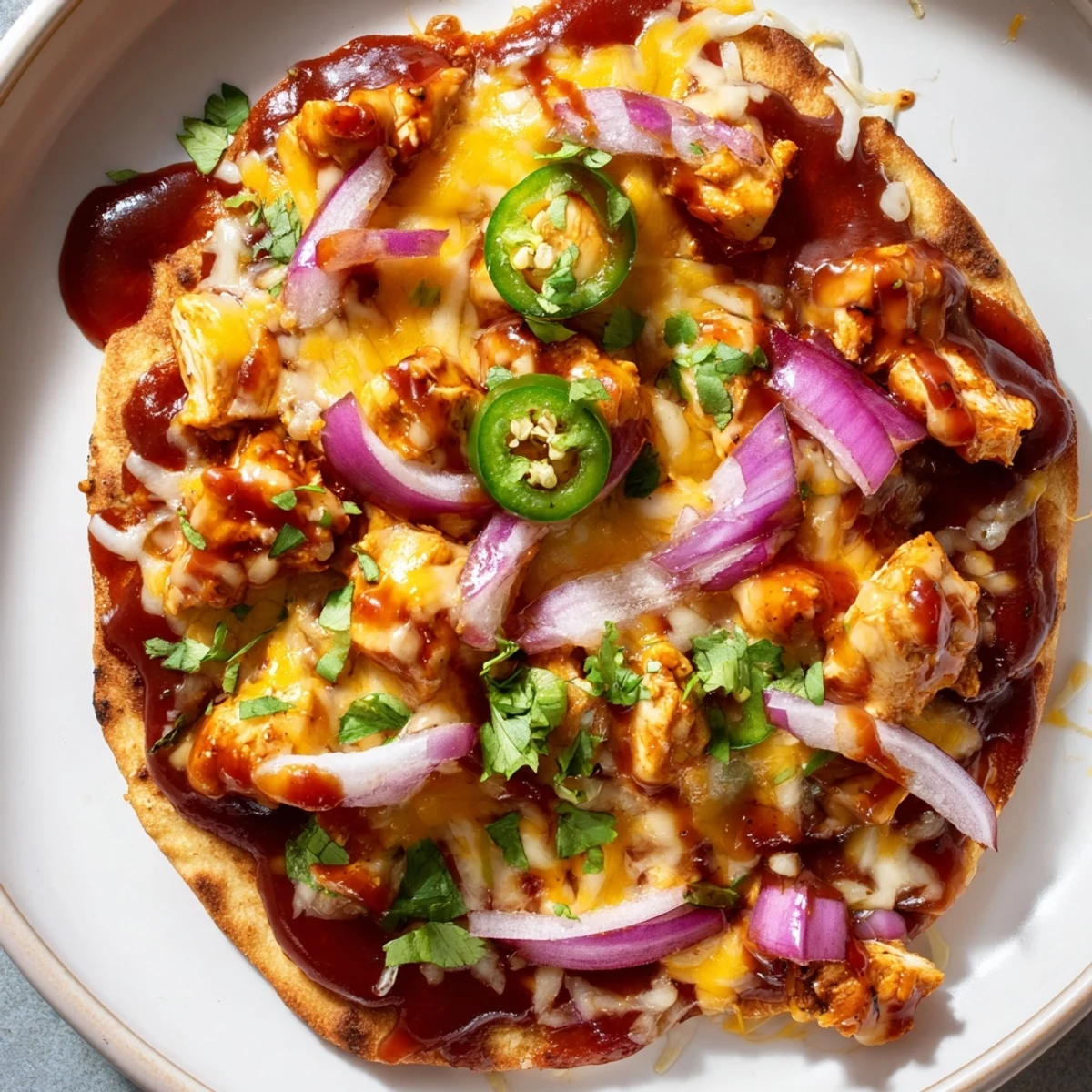 Golden-brown BBQ Chicken Flatbread ready to slice, boasting tender chicken and melted cheese for dinner.
