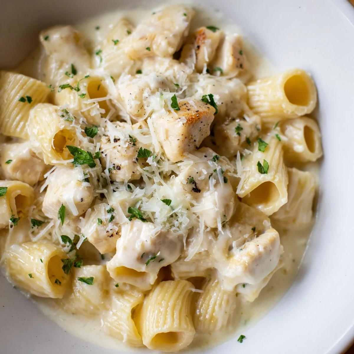 Golden-brown Chicken Alfredo Bake bubbling with melted cheese and creamy, rich sauce, ready to serve.