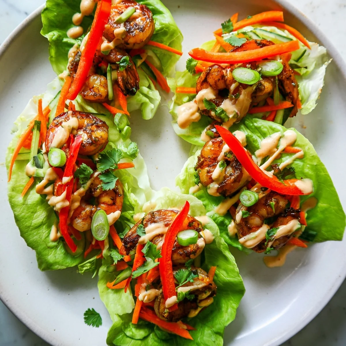 Vibrant image of fresh shrimp lettuce cups with colorful veggies and creamy sauce for a flavorful meal.