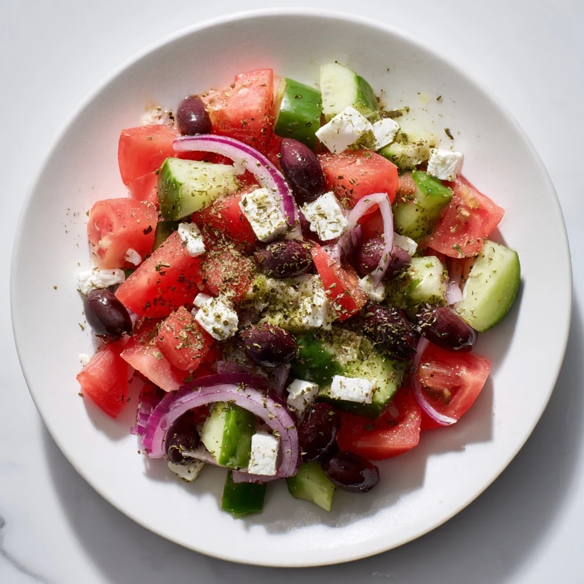 A close-up shot of a refreshing Mediterranean salad, ready to be enjoyed with flavorful ingredients.
