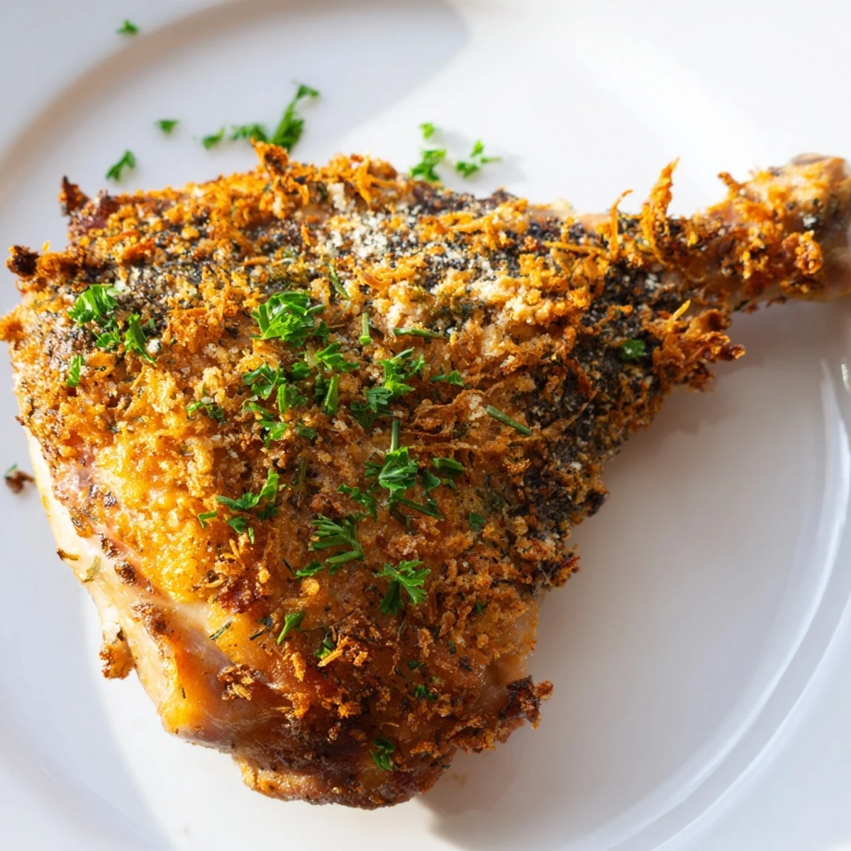 Golden-brown, crispy garlic chicken thighs with parsley garnish, ready for a delicious dinner.