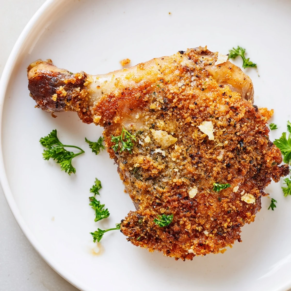 Air-fried crispy garlic chicken thighs, boasting a flavorful garlic crust and juicy, tender interior.