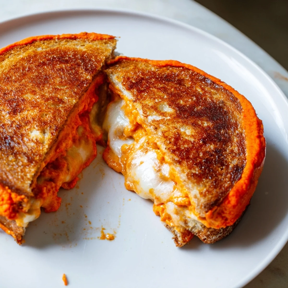 Golden brown Spiked Grilled Cheese with Sriracha Mayo, bubbling cheese, ready to satisfy your taste buds.