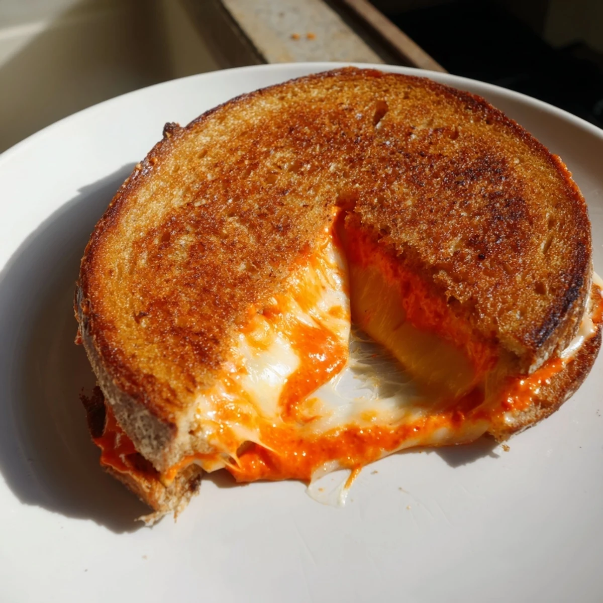 A close-up of a perfectly grilled Spiked Grilled Cheese, oozing with melted cheddar cheese for dinner.