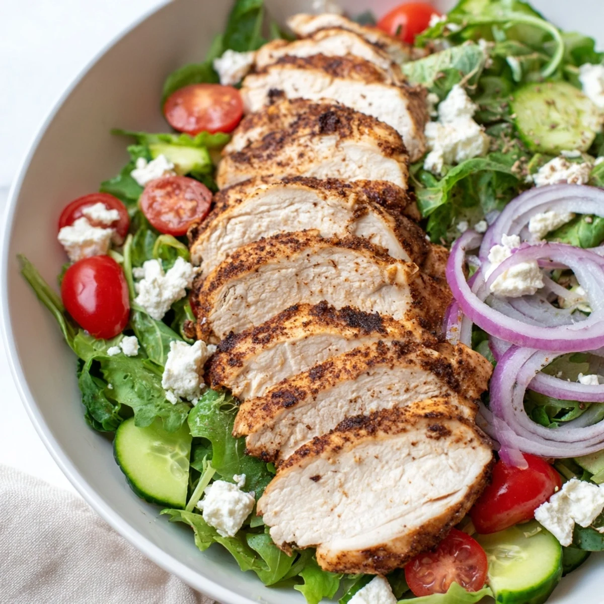 Crispy pan-seared chicken salad: golden slices of chicken rest atop fresh greens with juicy tomatoes.