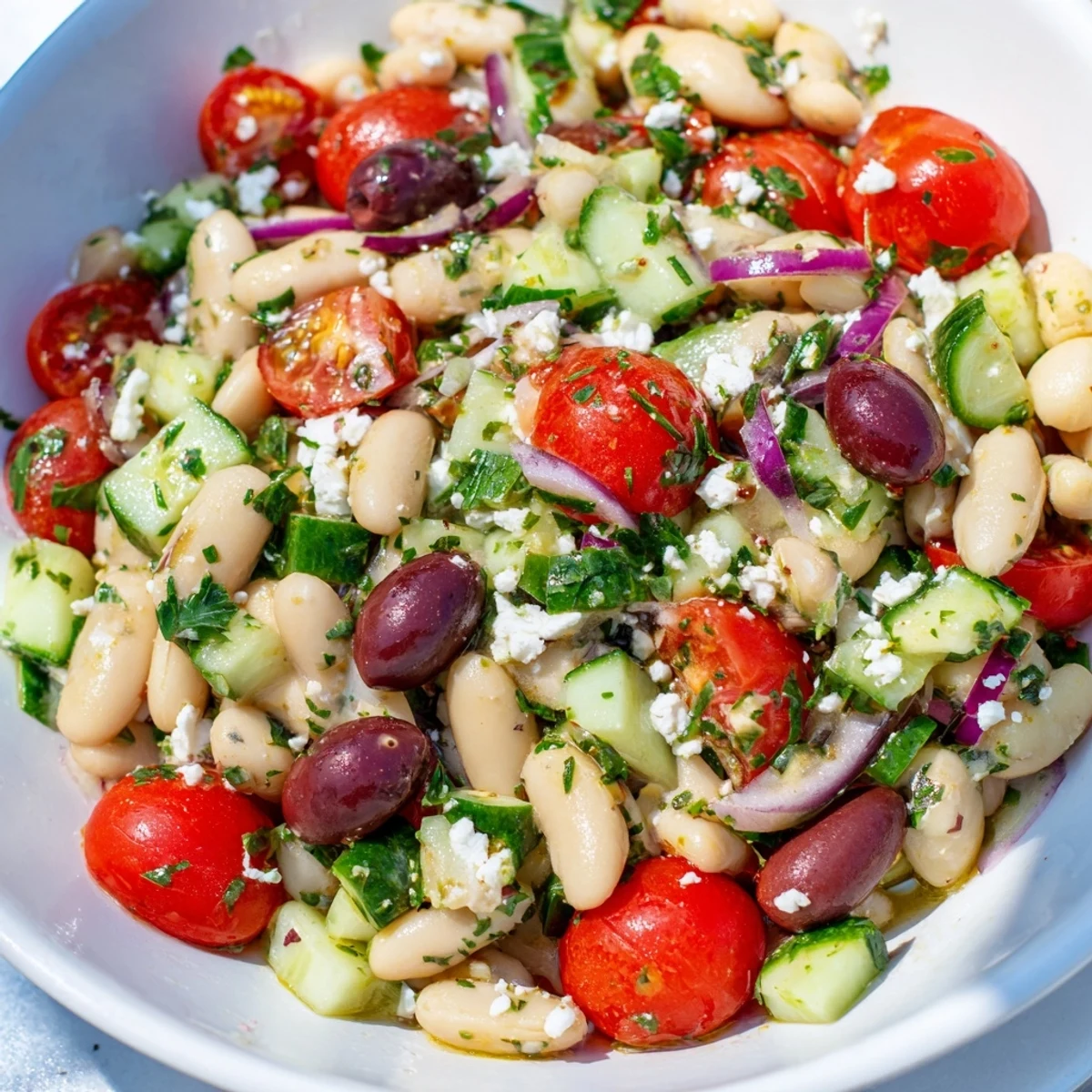 Creamy white bean salad with plump tomatoes and fresh herbs, ready to serve and enjoy.