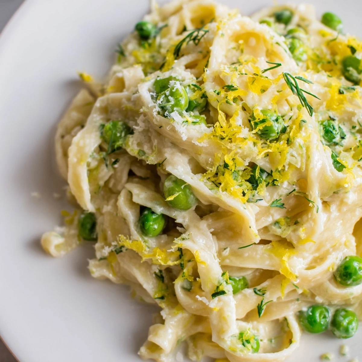 Creamy dill pasta swirled with fresh herbs and lemon, ready to serve with Parmesan.