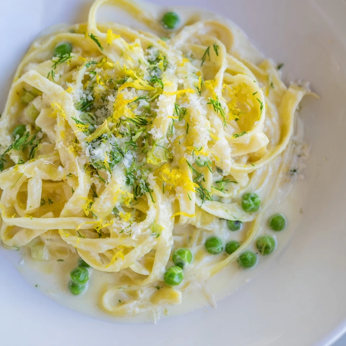 A mouthwatering close-up of creamy dill pasta with bright green dill and peas.