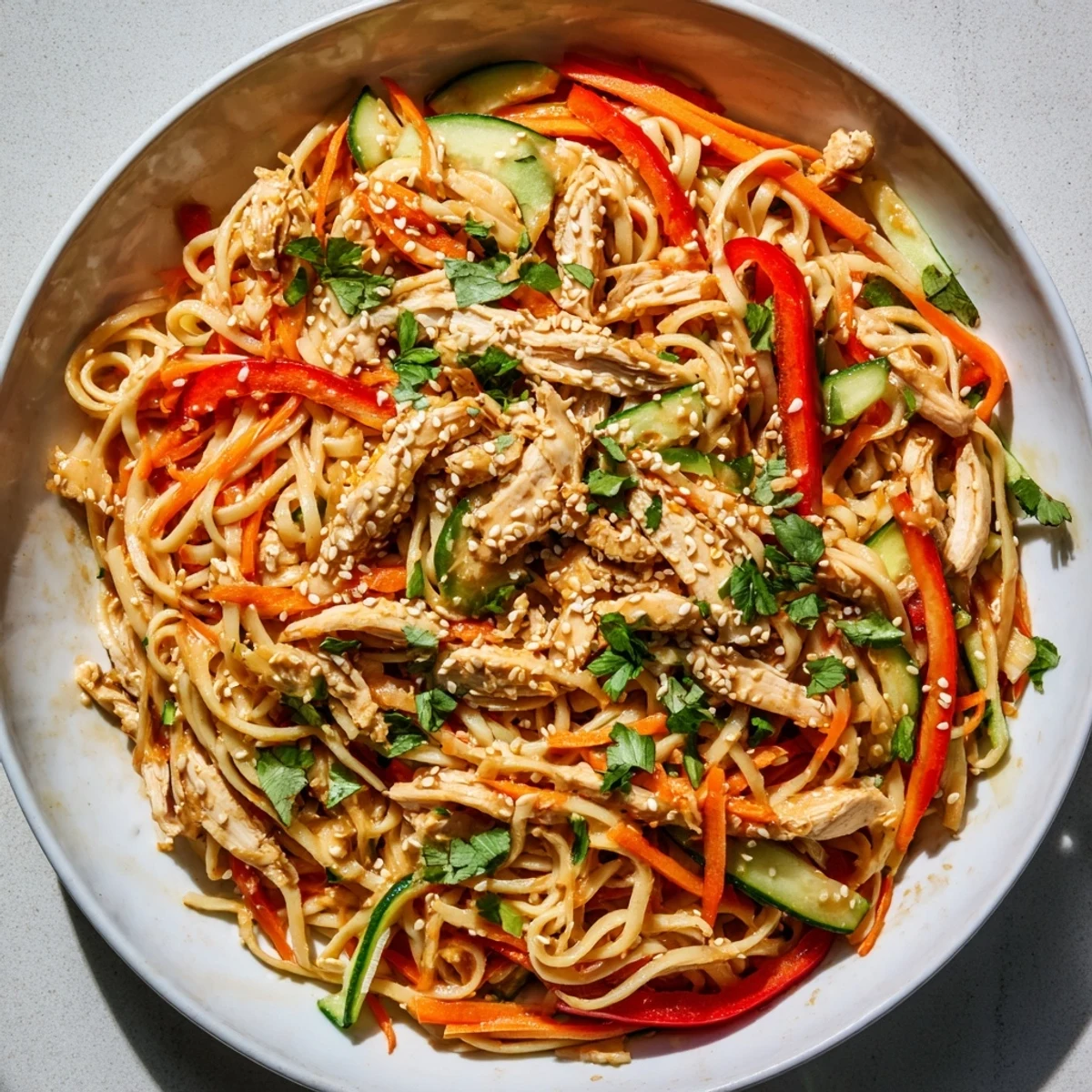 This Chilled Chicken Noodle Salad presents a refreshing mix of ingredients, tossed with a sesame dressing.