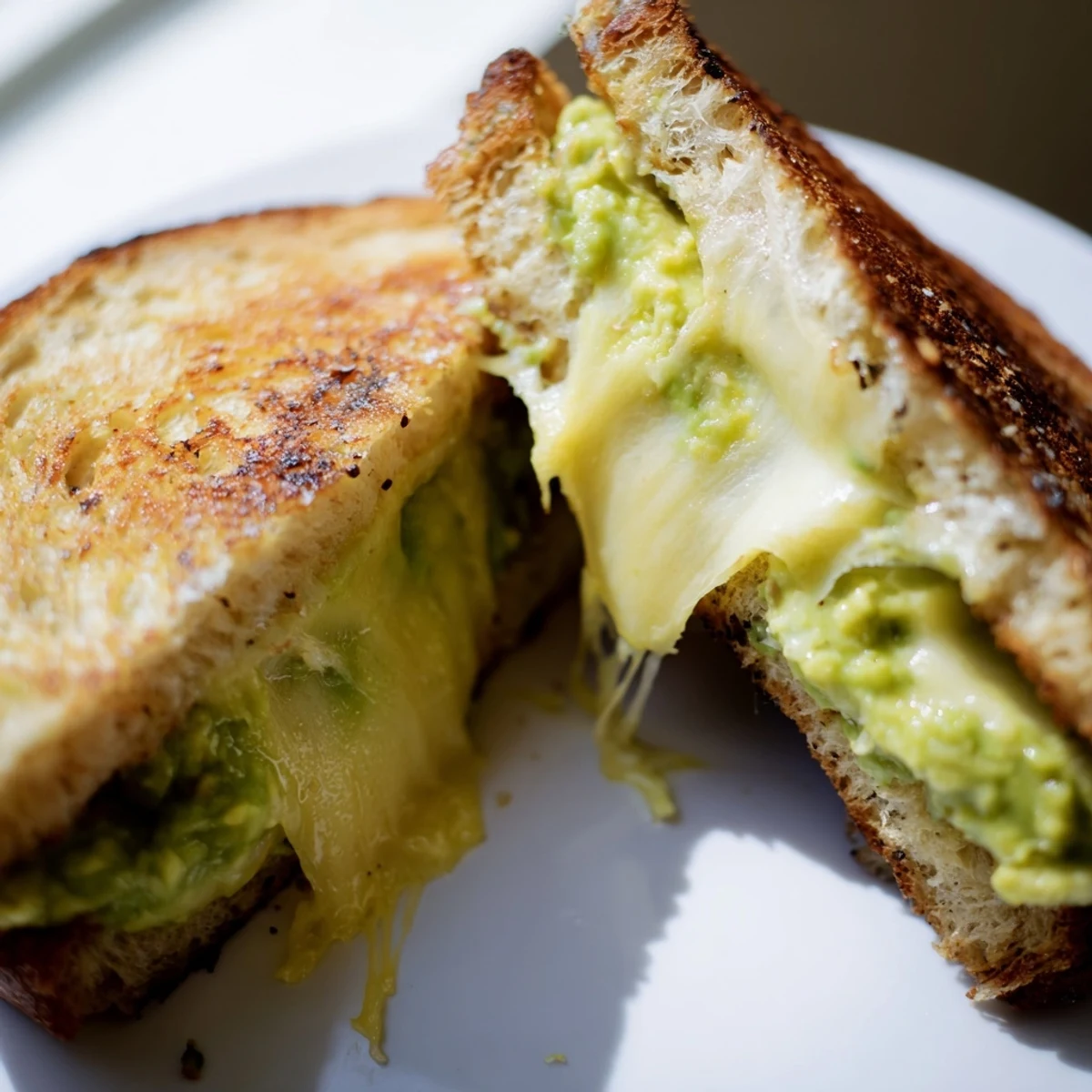 A close-up of a perfectly toasted Avocado Toast Grilled Cheese, showcasing melted cheese and creamy avocado filling.