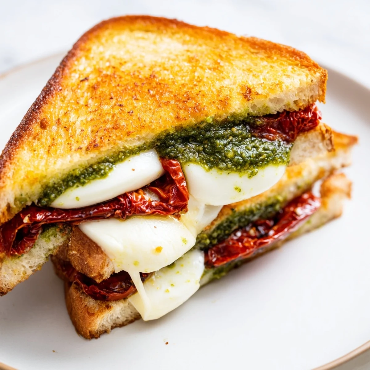 Golden, crispy Pesto Grilled Cheese sandwich, cheese oozing with sun-dried tomatoes inside.