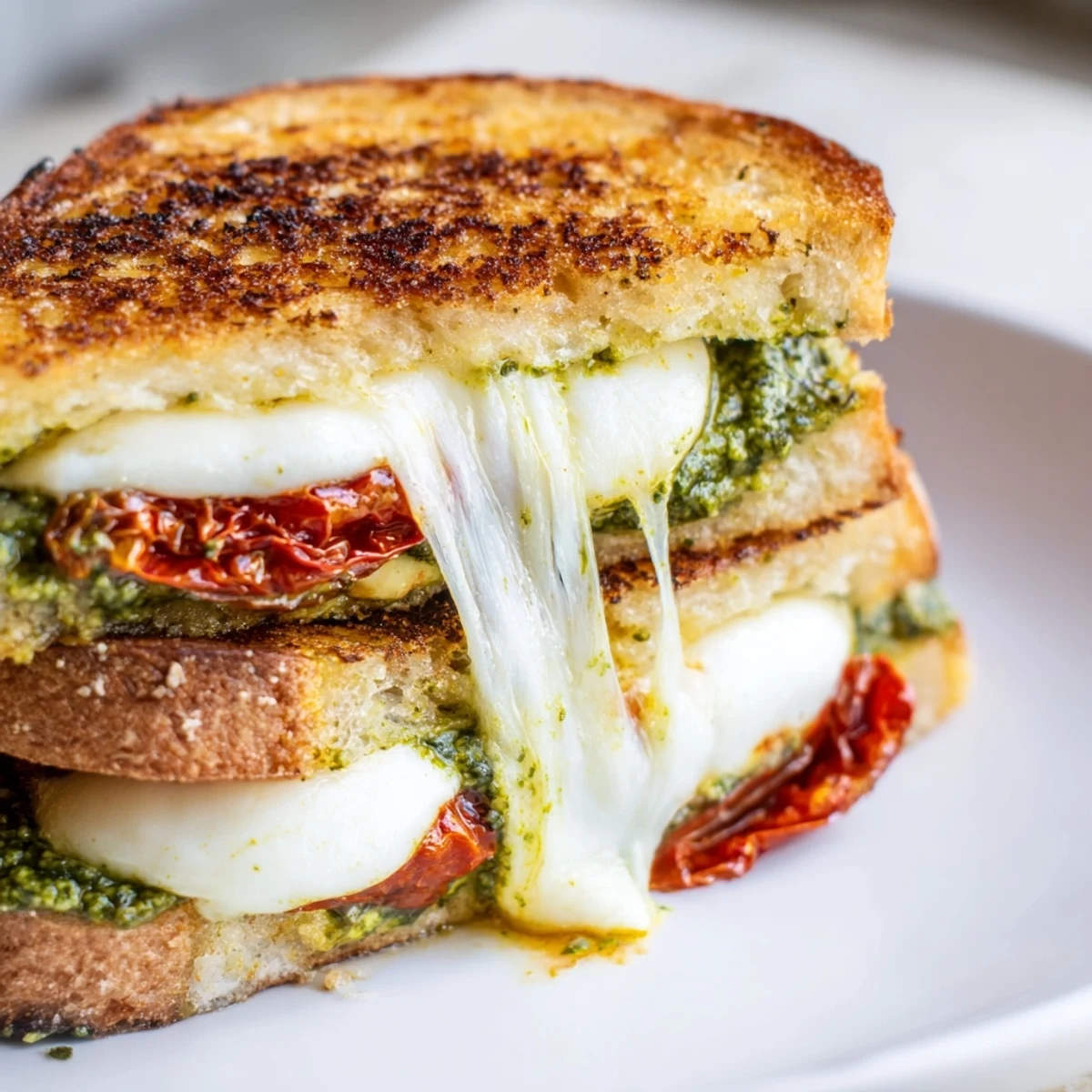 Close-up of a warm and flavorful Pesto Grilled Cheese, sliced showing the cheese pull and delicious ingredients.