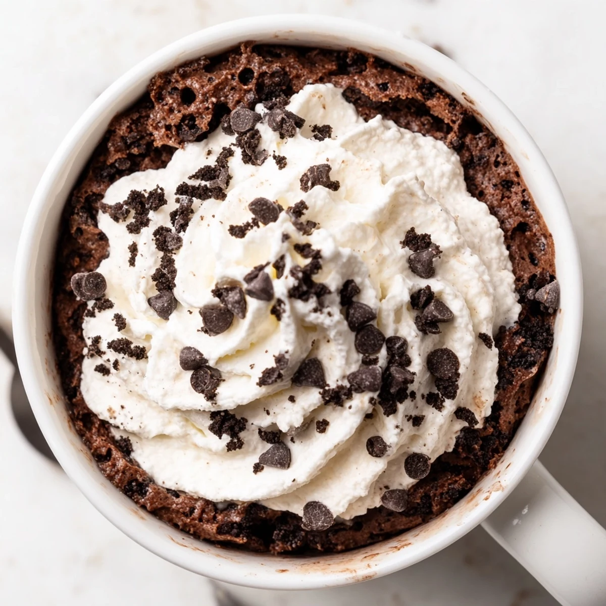 Warm Oreo mug cake with melting chocolate, perfect for a quick, chocolatey treat.