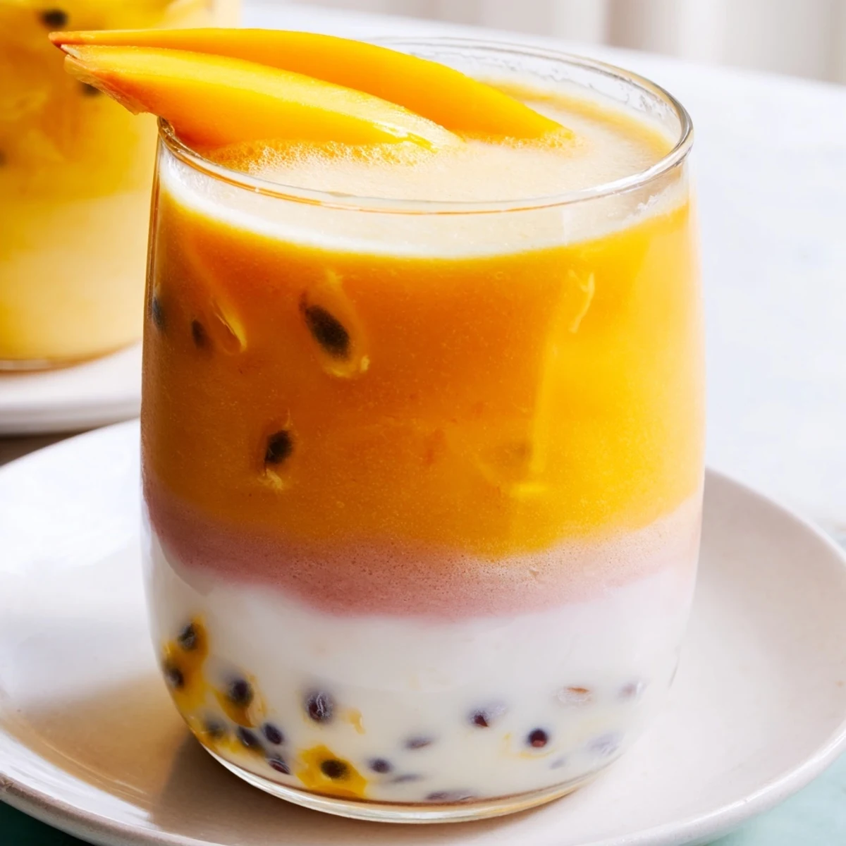 Vibrant layers of the Tropical Sunset Smoothie showcase fresh mango, passion fruit, and orange juice.