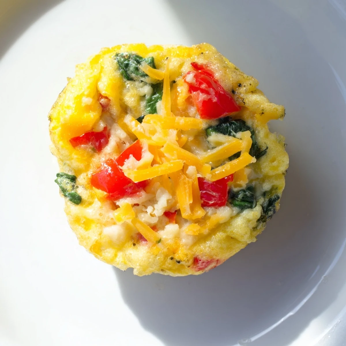 A close-up of delicious Customizable Egg Muffins: fluffy eggs studded with vibrant veggie fillings.