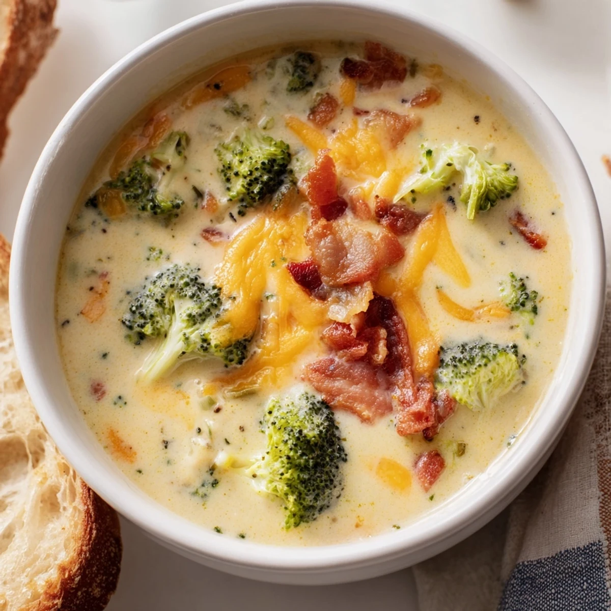 Creamy Broccoli Cheddar Soup, garnished with crispy bacon and extra cheese, ready to be enjoyed.