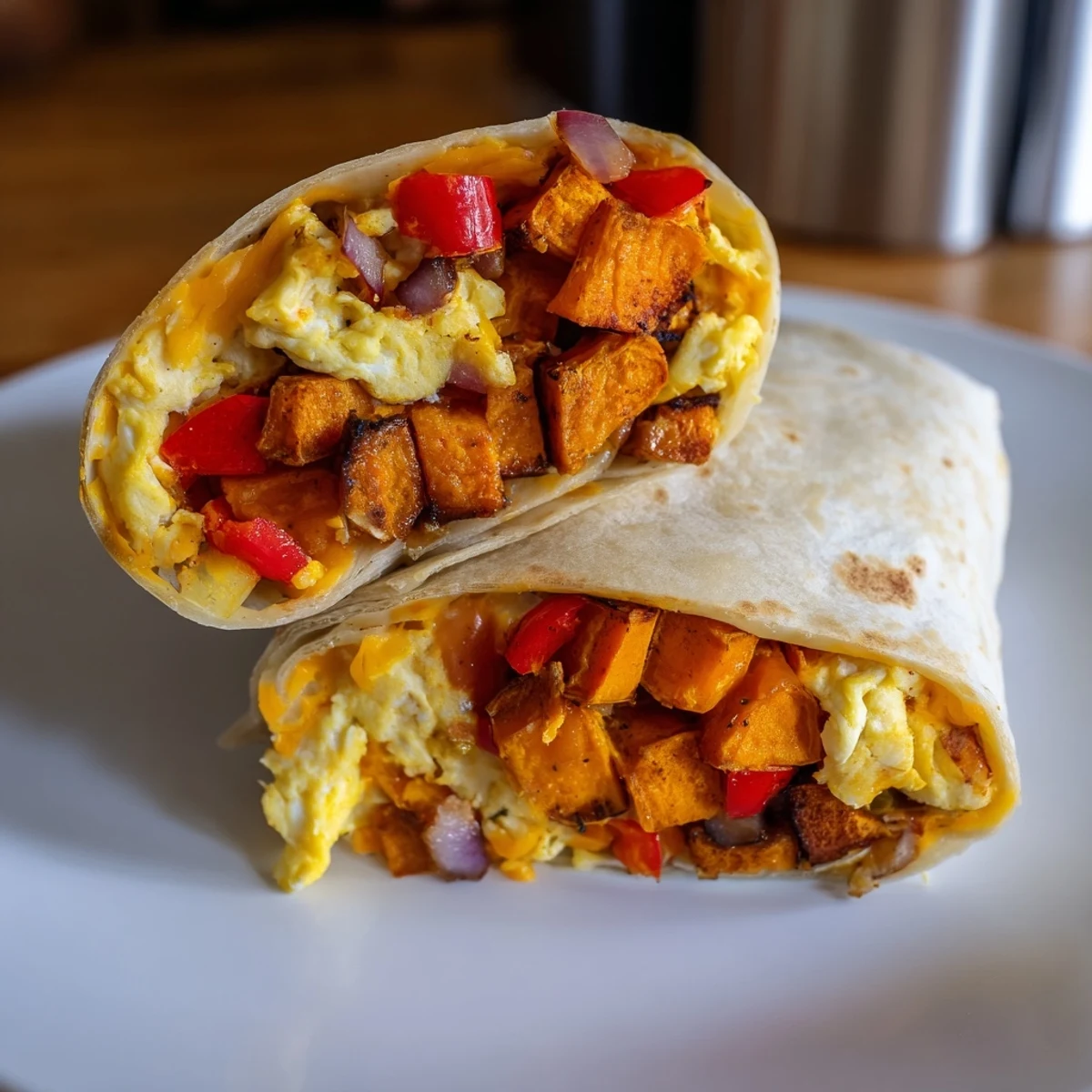 Steaming sweet potato breakfast burritos, filled with fluffy eggs and melted cheese, ready to eat.