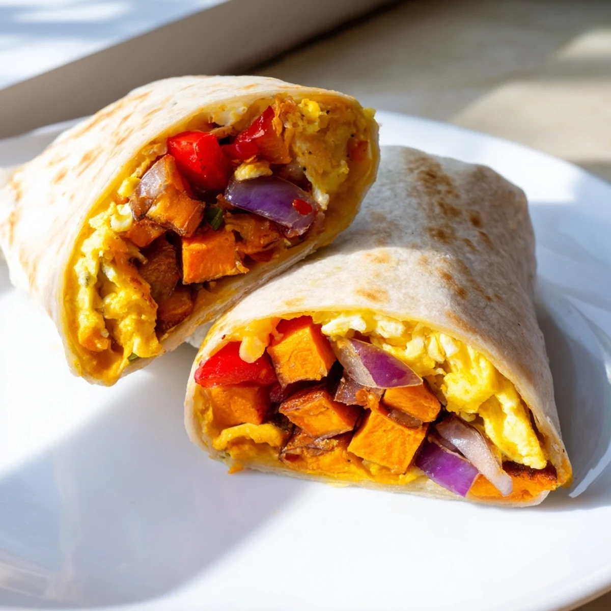 A close-up of delicious sweet potato breakfast burritos, freshly made and ready for a savory bite.