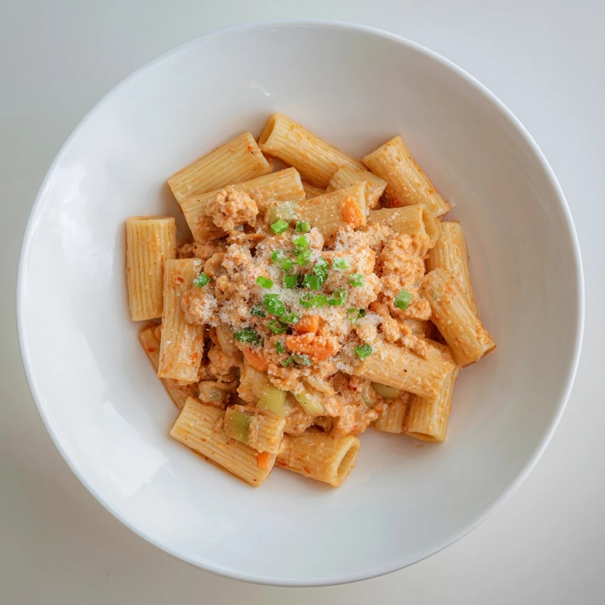 Creamy Kimchi Ragu Pasta, a vibrant red sauce over rigatoni, garnished with fresh green scallions.