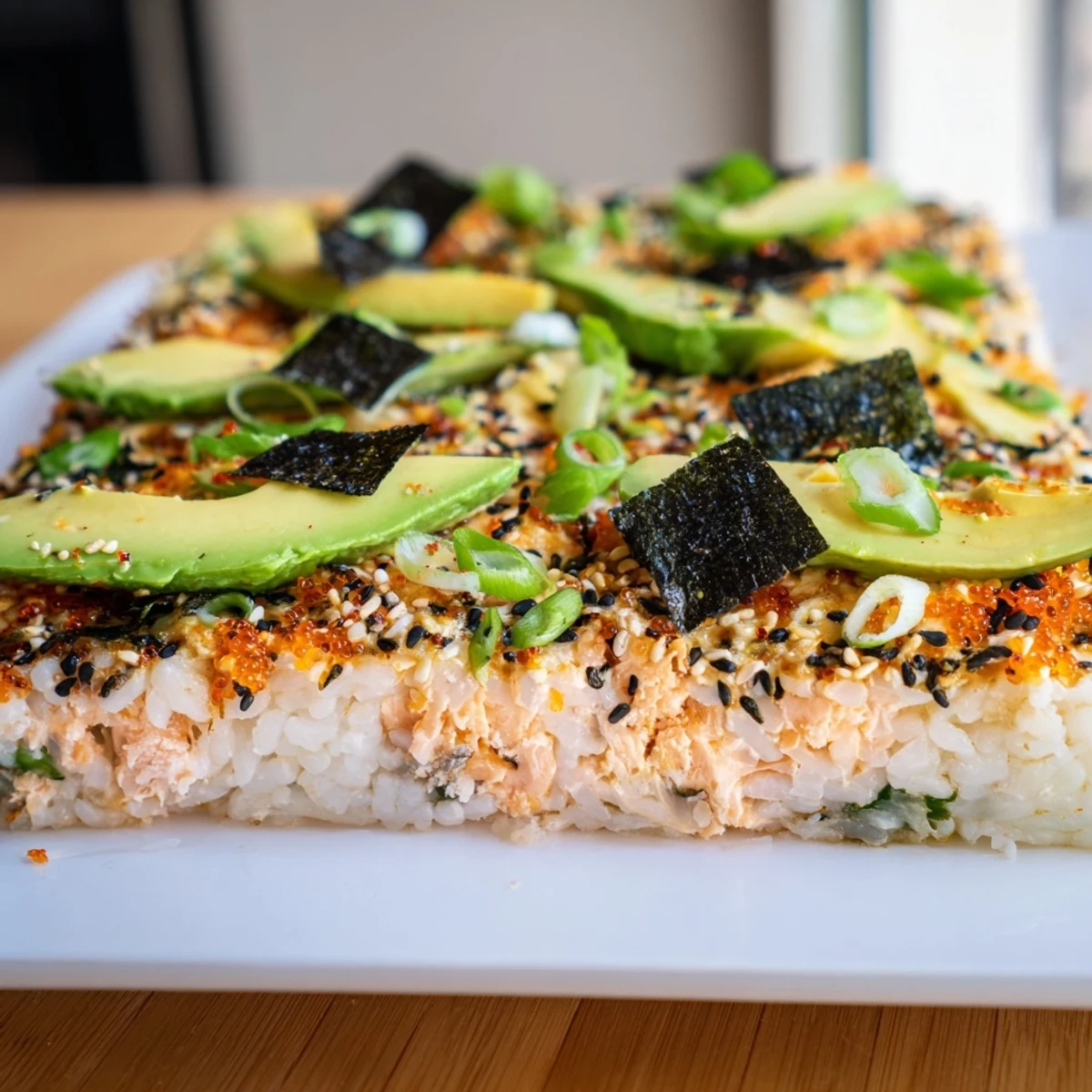 Warm Sushi Bake Casserole, showcasing creamy avocado slices, nori, and sesame seeds; ready to be served.