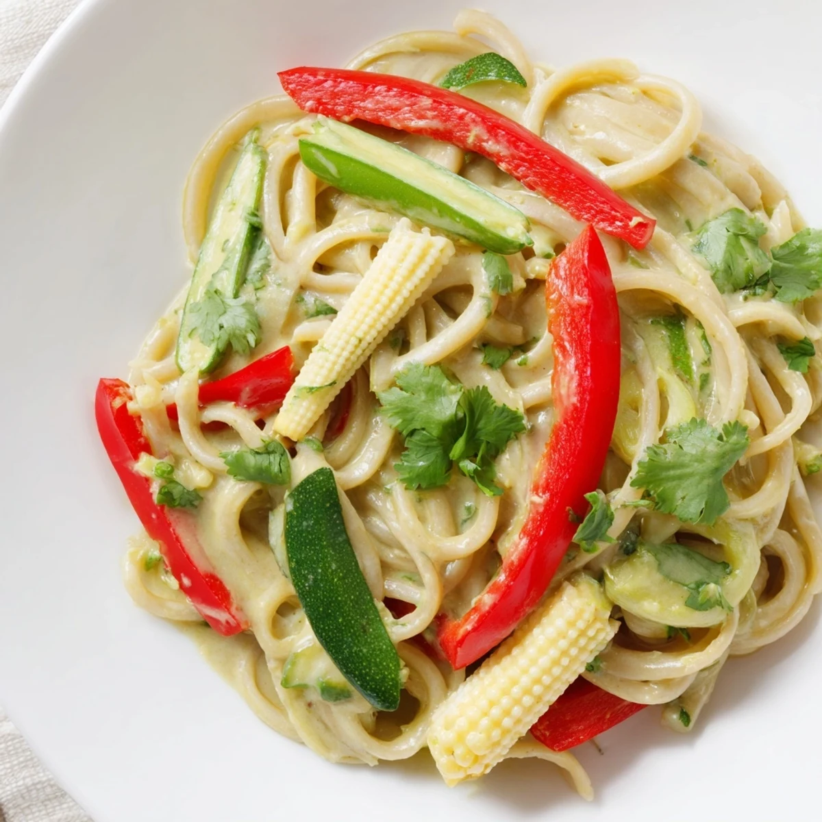 Steaming Thai Curry Pasta with bright vegetables and a creamy, coconut-infused sauce looks delicious.