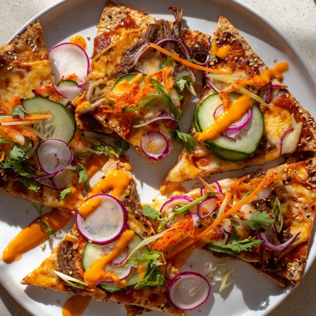 A close-up of Korean BBQ Nachos with melted cheese, savory beef, and vibrant vegetable toppings.