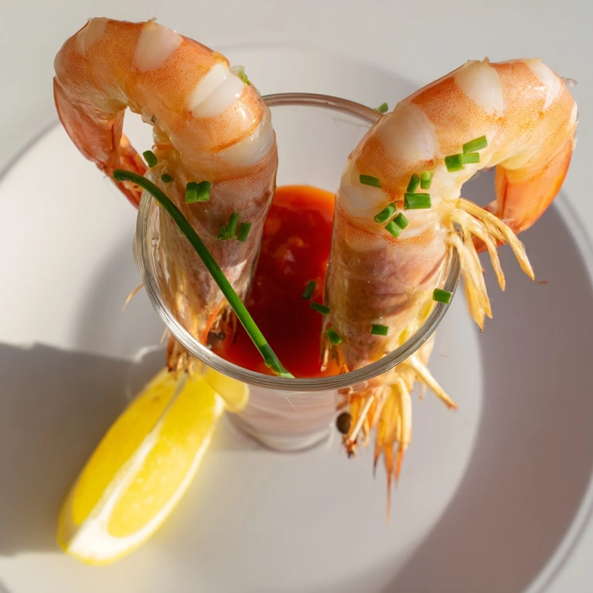 Retro Prawn Cocktail Shooters: Succulent shrimp with tangy sauce, garnished with chives; a perfect bite-sized appetizer.