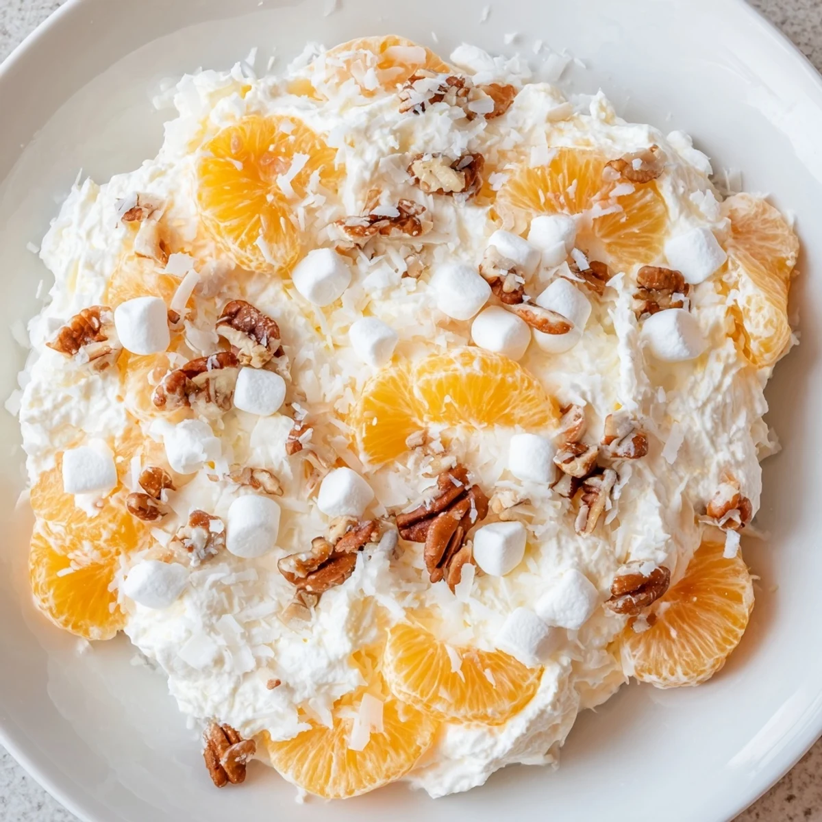A bowl of Elevated Ambrosia Salad, showcasing mandarin oranges and toasted pecans in creamy goodness.