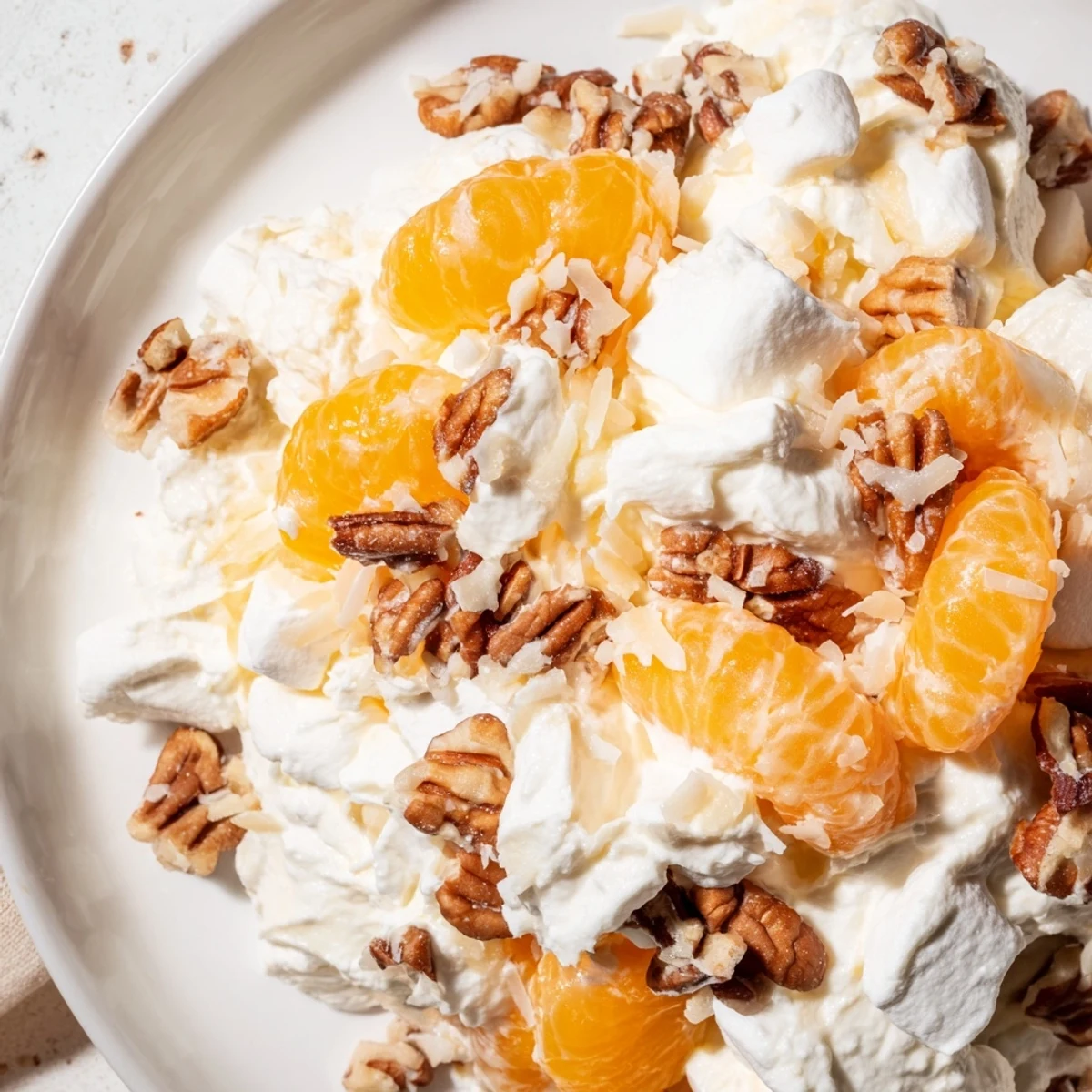 Showcasing the vibrant colors of Elevated Ambrosia Salad, a refreshing dessert with creamy whipped cream.