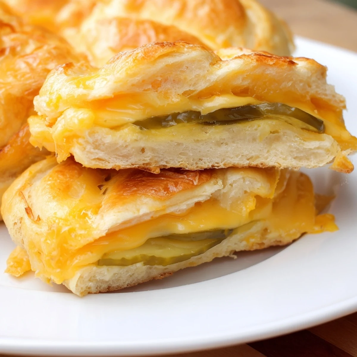 Warm, melty Pickle Bread Sandwich with crispy cheddar cheese and tangy pickles, ready to eat.