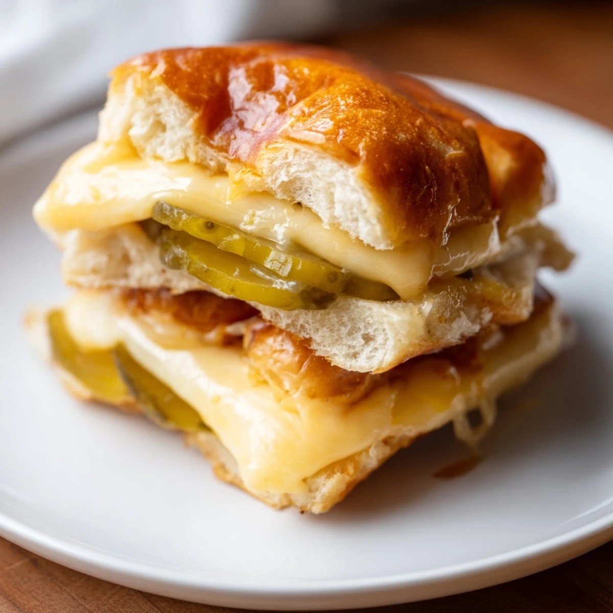 Golden-brown Pickle Bread Sandwich, featuring bubbly cheese and a layered bed of vibrant dill pickles.