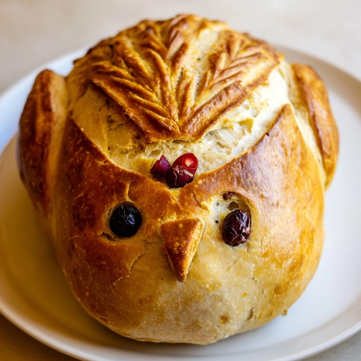 Golden-brown turkey-shaped sourdough bread with a crusty exterior and scored feather details, presented on a rustic wooden board for a festive holiday centerpiece.