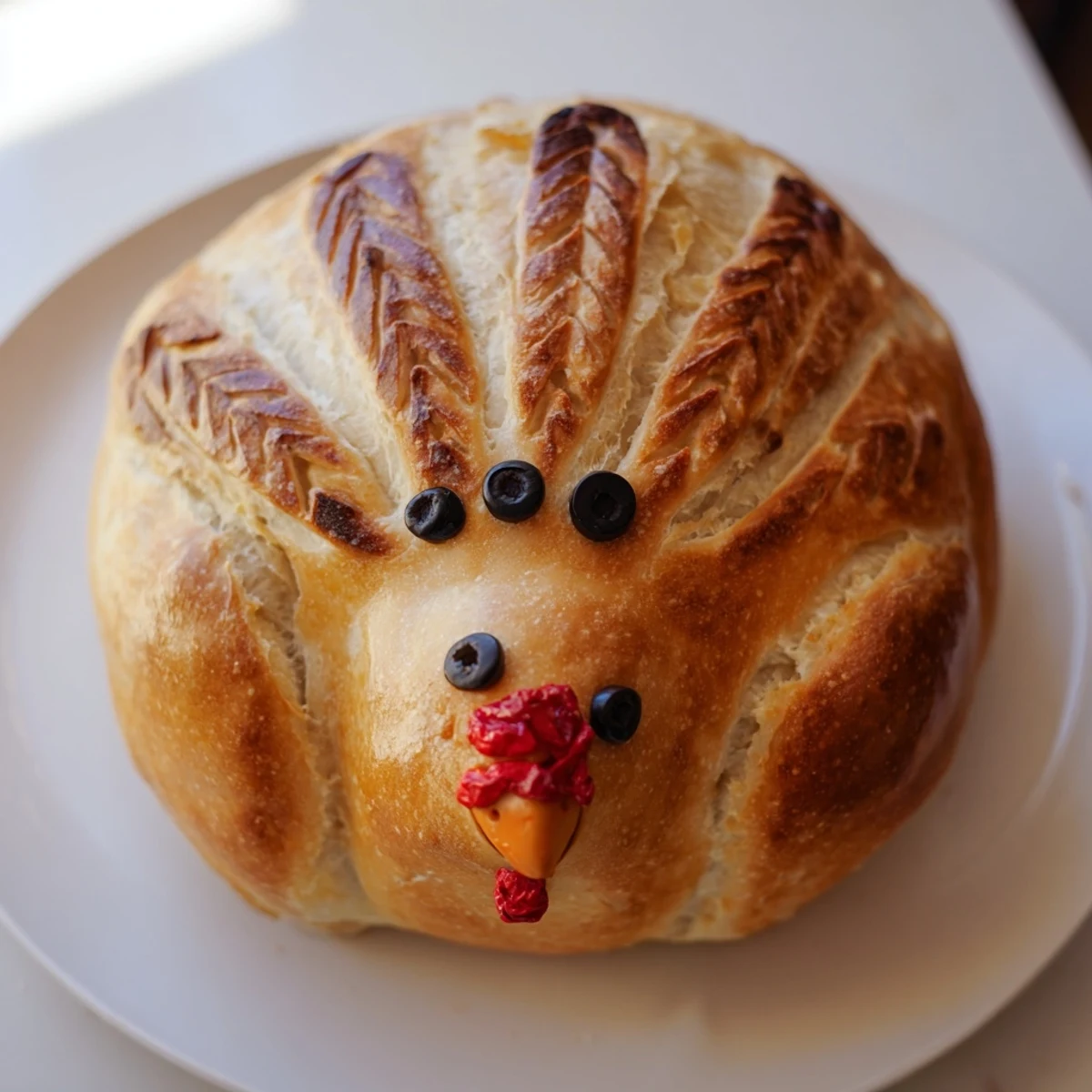 A close-up of the festive turkey-shaped sourdough loaf, showcasing the intricate scoring and tangy crumb texture, ideal for Thanksgiving gatherings and artisan baking enthusiasts.