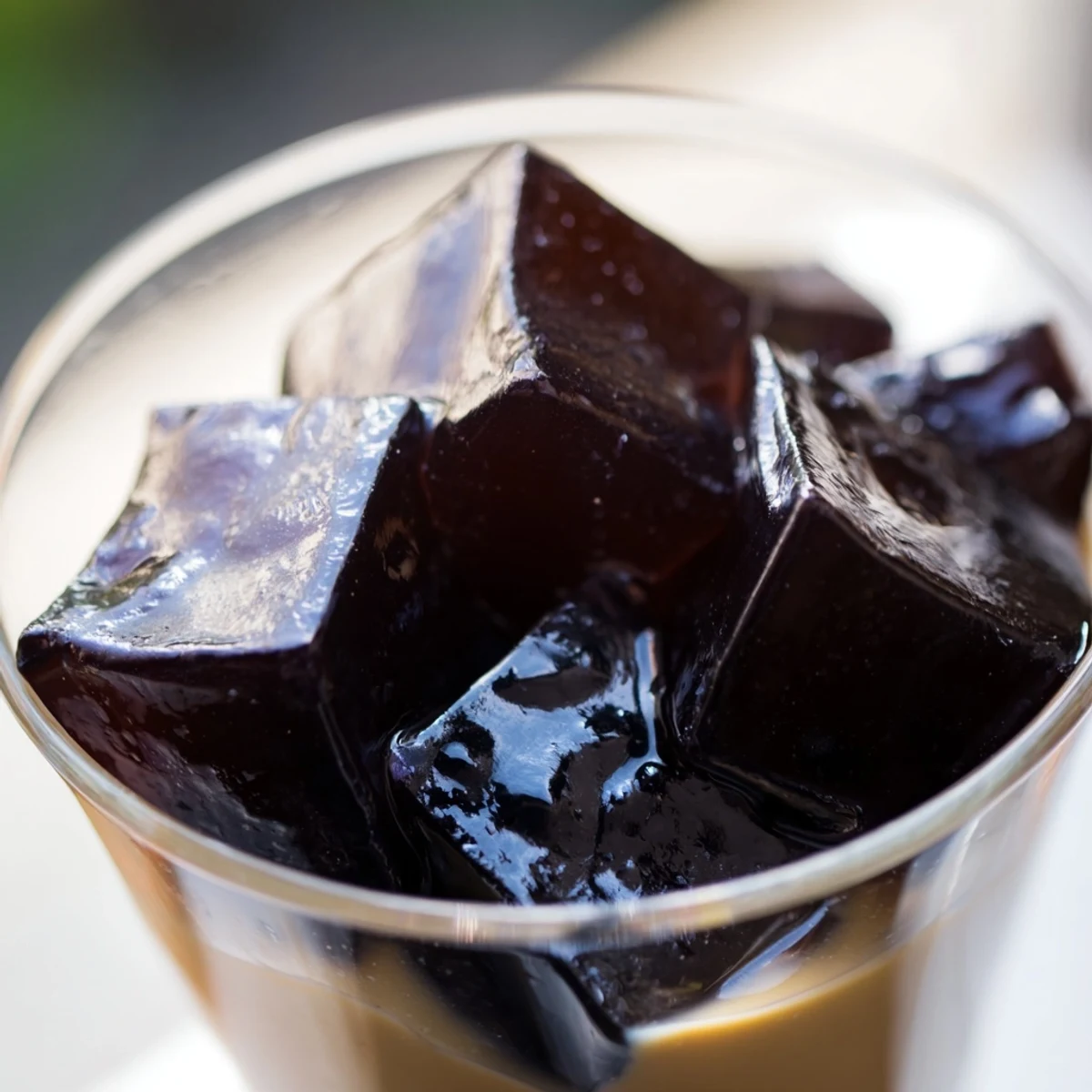 Glossy cubes of Coffee Jelly Dessert shimmer in a clear glass, layered with softly whipped sweetened cream for a refreshing finish.  