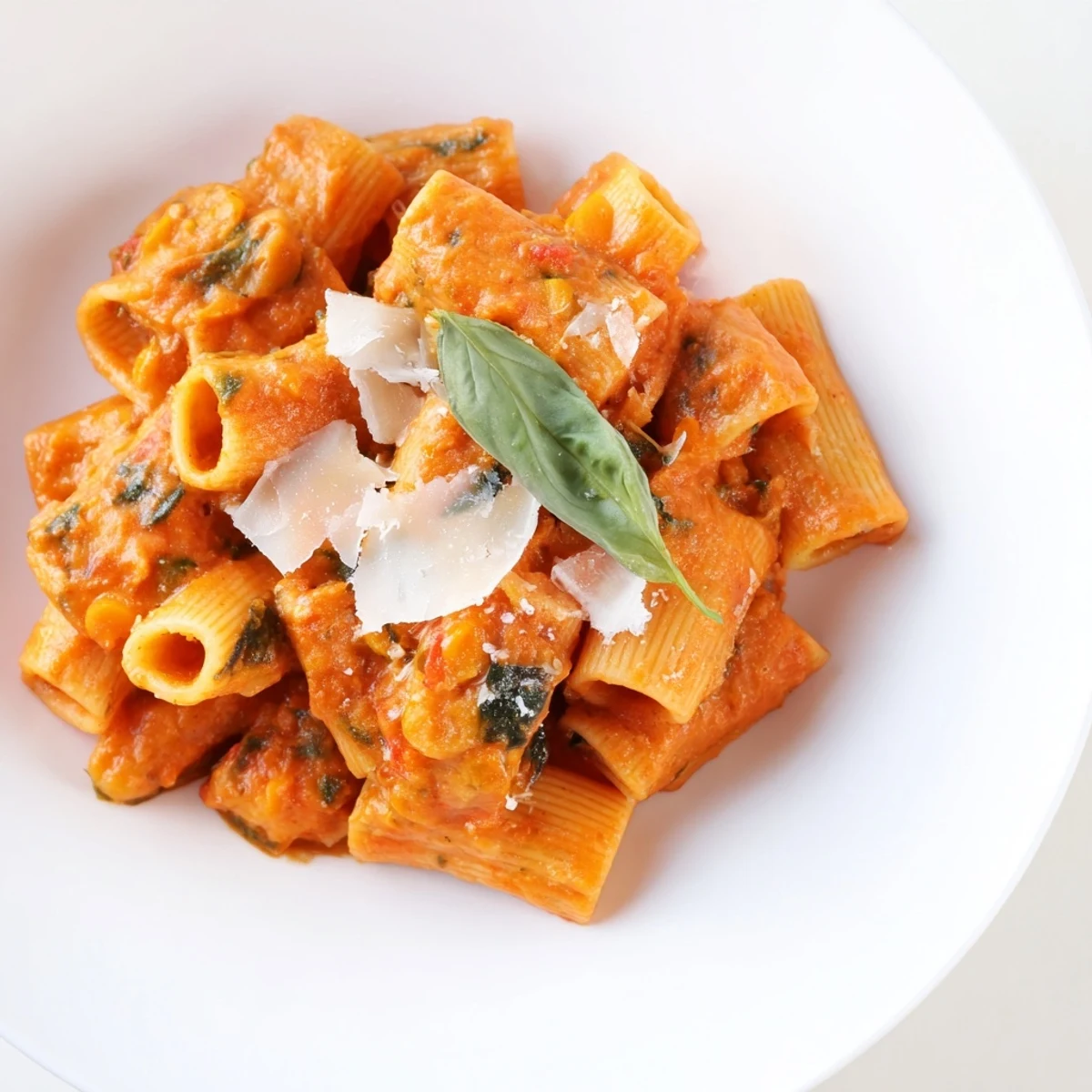 A bowl of smooth Hidden Veggie Tomato Pasta Sauce simmered with carrots, zucchini, and spinach, garnished with fresh basil leaves.
