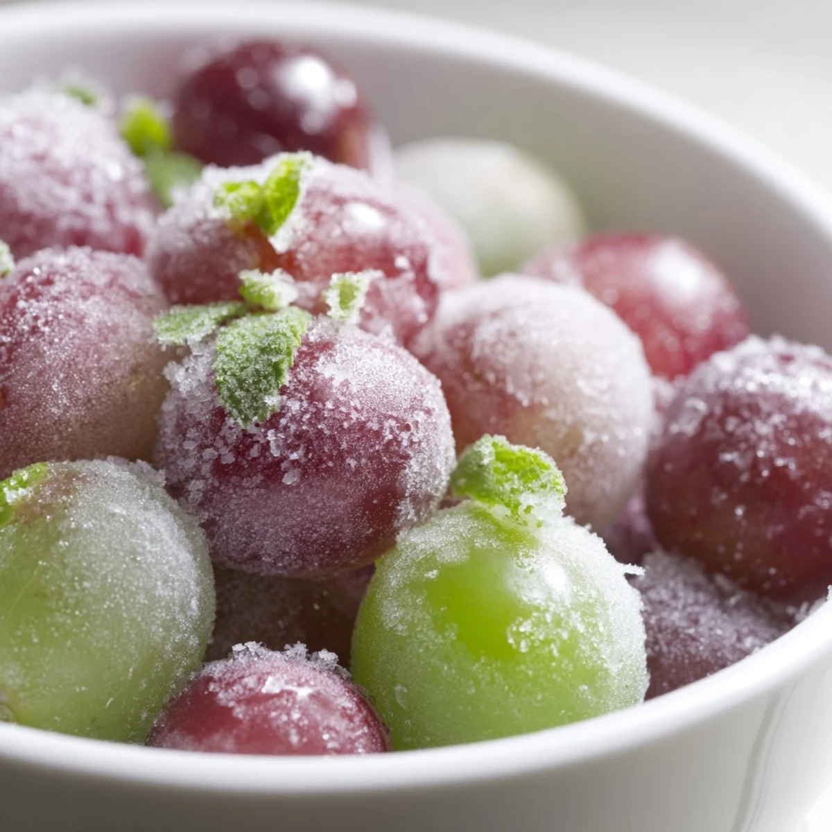 A close-up of bright red and green Frozen Grapes Spa Treat glistening with frost, served in a clear glass bowl for a refreshing snack.